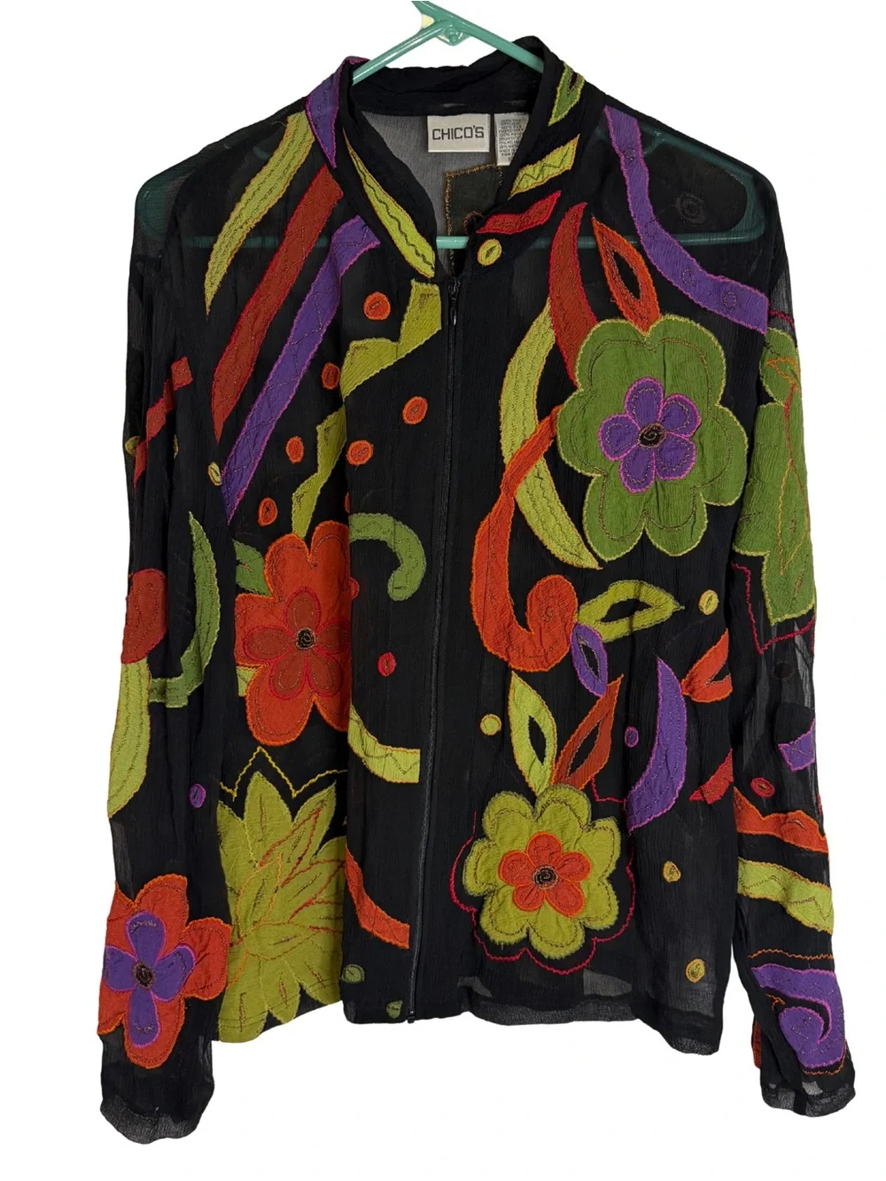 Chico's Silk Sheer Black Floral Embroidered Jacket / Full Zip Top - Picture 1 of 5